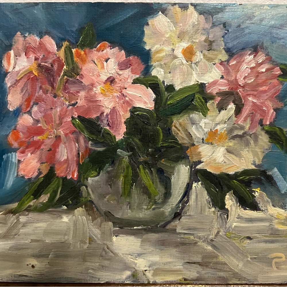 Floral Oil Painting with Pink and White Flowers